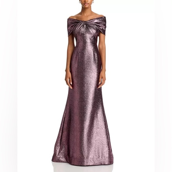 Teri Jon by Rickie Freeman Metallic Jacquard Bodice Off Shoulder Gown Dress - Picture 16 of 16